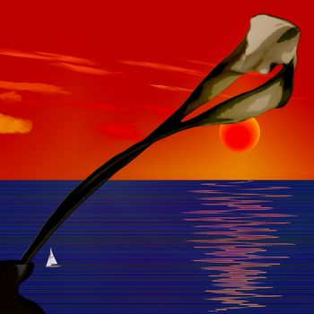 Flower and red sunset. Seascape with sailboat
