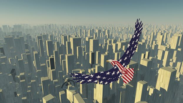 Eagle flies above futuristic megalopolis. 3D rendering