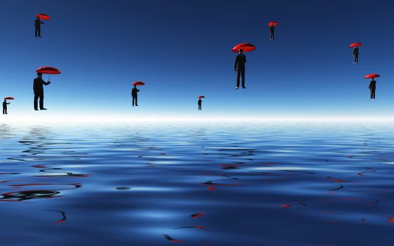 Floating Men with Red Umbrellas