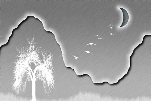 Composition with mystic white tree. Birds flies to the full moon