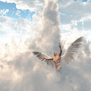 Surrealism. Man with angel's wings flies in cloudy sky. 3D rendering