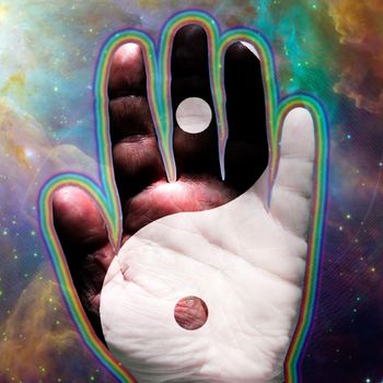 Hand Yin Yang. Colorful universe on background