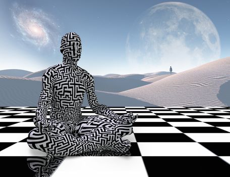 Surrealism. Man with maze pattern sits in lotus pose. Meditation on a chess board. Lonely traveler in the white sands dune. 3D rendering