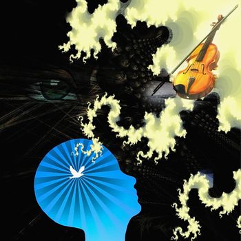 Symbolic composition. Music of mind. Violin and human eye in fractals