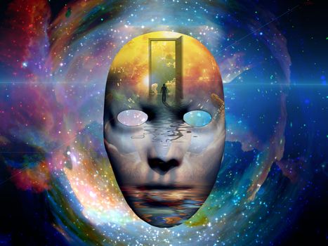 Mask with the image of man and open door to another world at the seashore. Colorful universe on background.