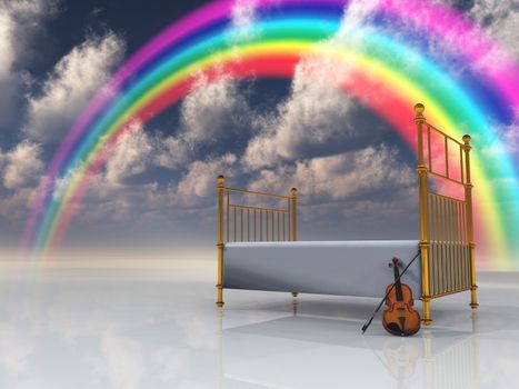 Slumber. Bed with violin and rainbow in surreal scene