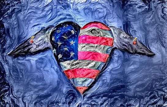 USA flag winged heart pinned to surface