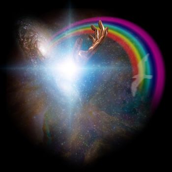 Surreal digital art. Bright galaxies and rainbow in vivid universe. Hand of God and bird's silhouette.