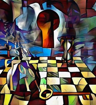 Abstract painting in vivid colors. Binary Code, Key. Bright light comes out from keyhole. Hourglass on the chessboard