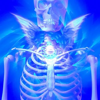 Dark Angel. Winged skeleton in blue light