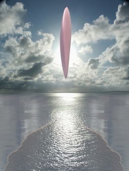 UFO hovers over ocean surface causes low tide. Clouds in sky. 3D rendering