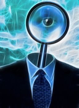Eye inside magnify glass in business suit