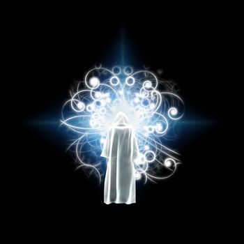 Surreal digital art. Figure of man in white cloak stands before shining light.