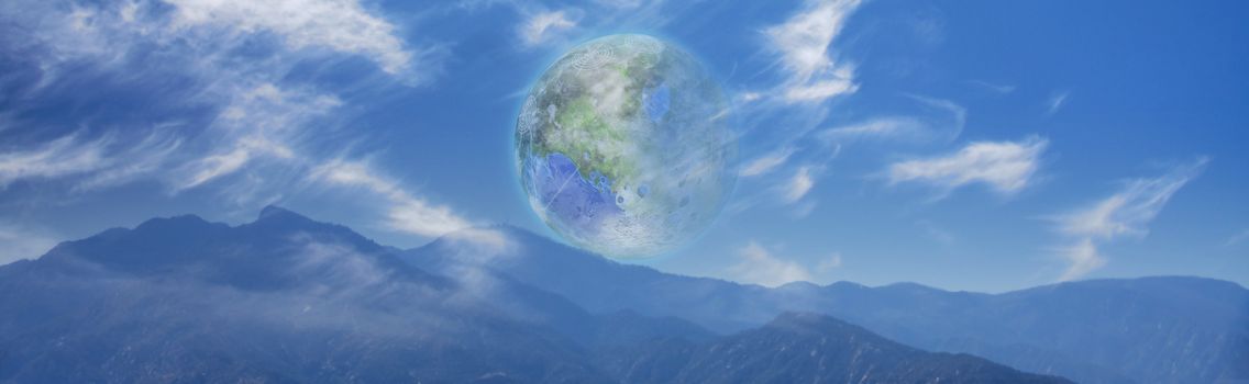 Mountain Vista. Terraformed moon seen from the Earth. 3D rendering