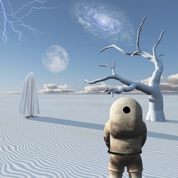Astronaut stands in surreal white desert. Mystic figure in white hijab.