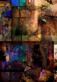 Abstract composition. Man face with puzzle pattern. Film frames and blond girls