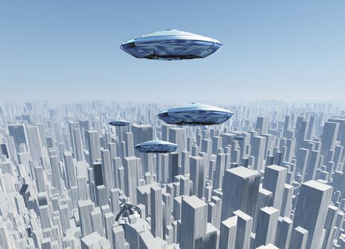 Flying saucers over futuristic megapolis. Sunrise