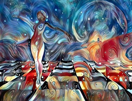 Colorful abstract painting. Graceful woman's statue on chessboard
