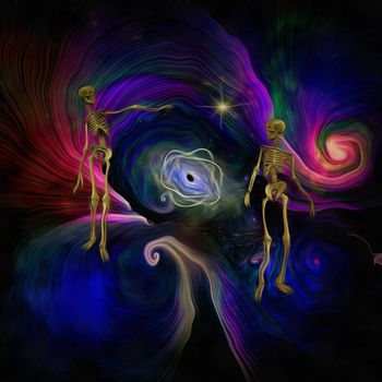 Surreal painting. Atom or black hole in vivid space. There are two skeleton stands behind.