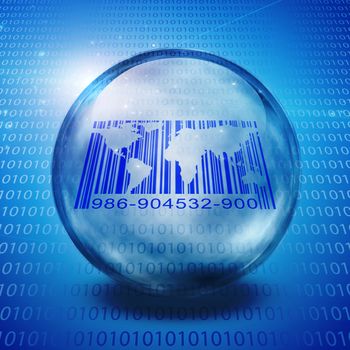 Barcode with world's map inside crystal ball. Binary code background
