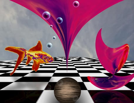 Surreal composition. Pink matter on chessboard, sphere and golden fish