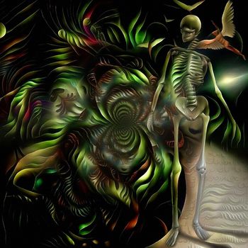 Life and Death. Abstract fractal with skelton and angel
