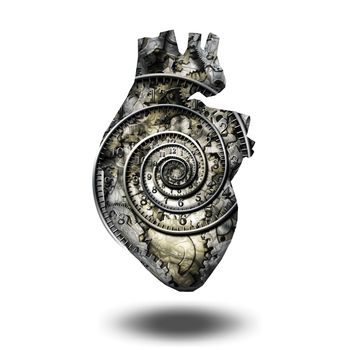 Human heart gears and time spirial. White background