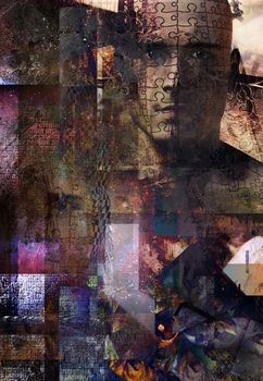 Abstract composition. Man face with puzzle pattern