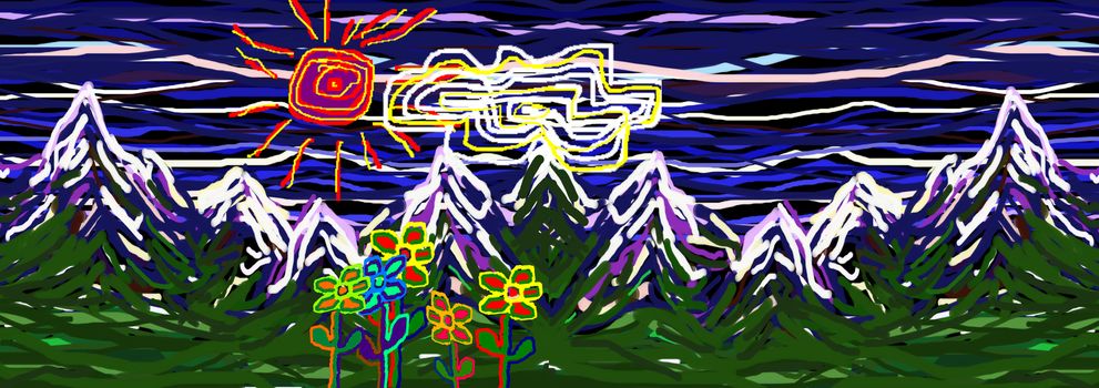 Child's Painting. Mountains Landscape. Childish imagination