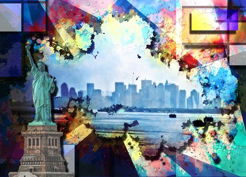 Libery Statue and New York Cityscape on Modern Art Background