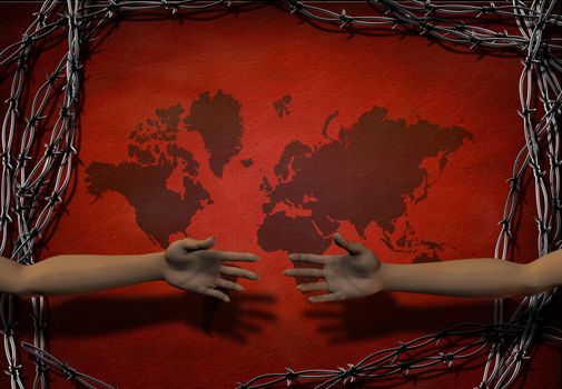 Human hands and barbed wire. World's map background