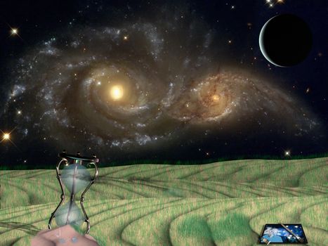 Art easel and hourglass on green field. Vivid galaxies in the starry space