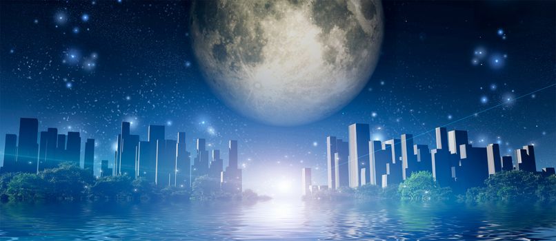 Surreal digital art. Future City surrounded by green trees in water world. Giant moon in the sky.