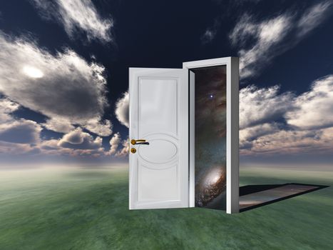 Surrealism. White door to another dimension