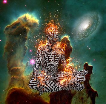 Surrealism. Figure of man with maze pattern in lotus pose in flames. Meditation in deep space. 3D rendering