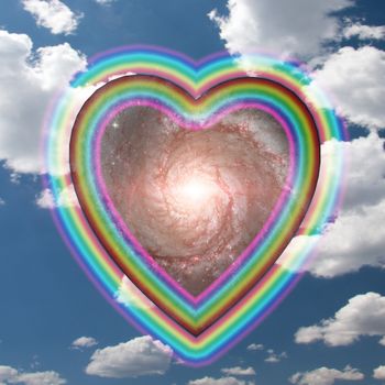 Rainbow Heart with galaxy inside. Cloudy sky