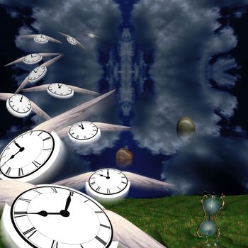 Symbolic composition. Hourglass and floating stones. Winged clocks represents flow of time.