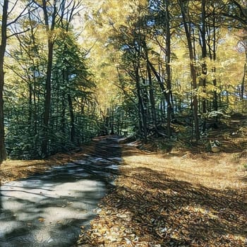 Oil painting. Road in Autumn forest.