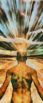 Surreal oil painting. Wellbuilt man with rays of light which comes from his head - Power of mind