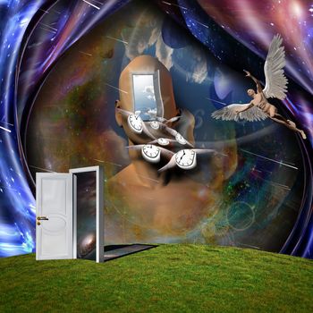 Surrealism. Man's head with door to another world. Man with wings represents angel. Winged clocks symbolizes flow of time. 3D rendering