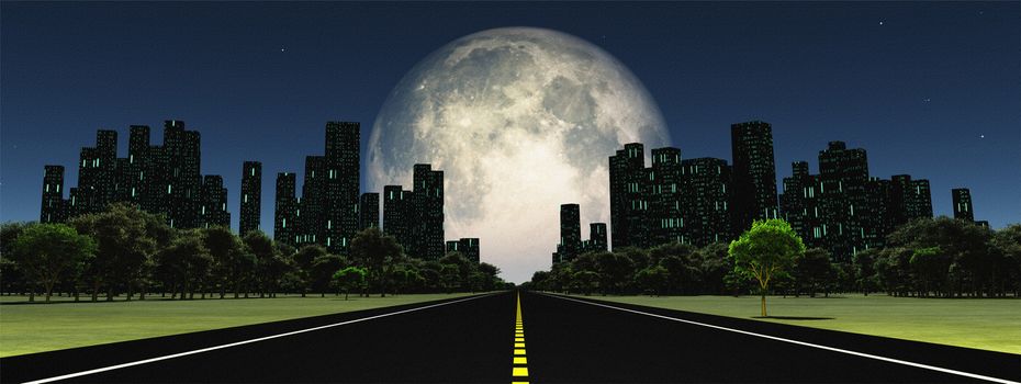 Surreal digital art. Road to the city. Giant moon at the horizon.