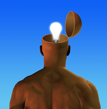 Man with open head and glowing lightbulb