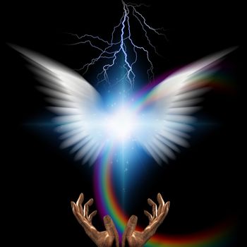 Surreal digital art. Bright star with white angel's wings and rainbow. Hands of creator.