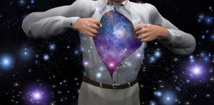 Man opens shirt to reveal the galaxies