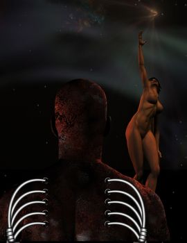 Future humanity - Rusted cyborg, woman ascends to the sky