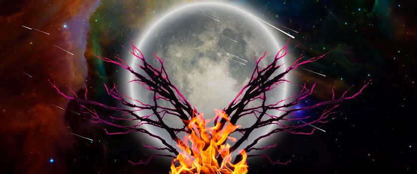 Mystic tree with bonfire in moonlight. Vivid universe