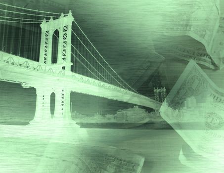 Manhattan bridge and dollar banknotes