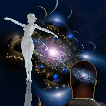 Graceful woman statue in space. Man with galaxy in head