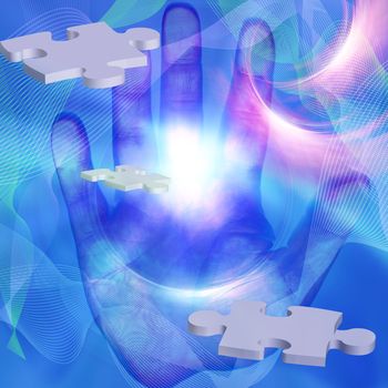 Flying puzzle pieces and human hand radiates light