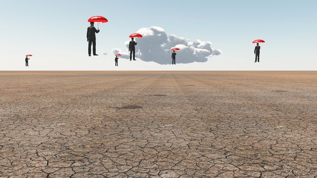 Men with red umbrellas float above desert landscape.3D rendering